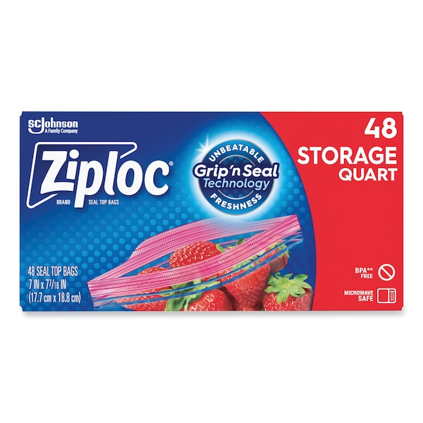 Double Zipper Storage Bags, 1 qt, 1.75 mil, 9.63" x 8.5", Clear, PK432 PK